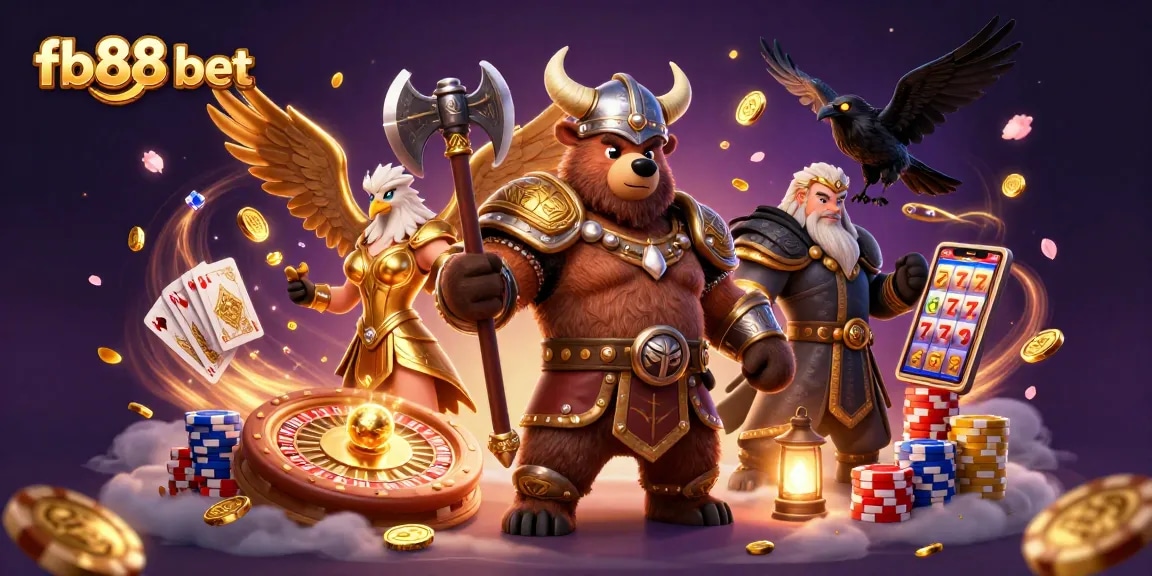 Experience thrilling gameplay with fb88 bet's Viking bear and Valkyrie's dynamic casino scene.