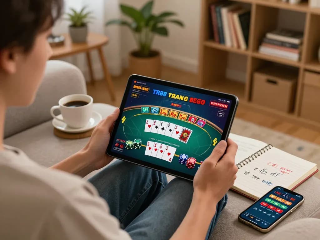 Engaging gameplay at TR88 trang chủ as a player strategizes using a tablet in a cozy home setting.