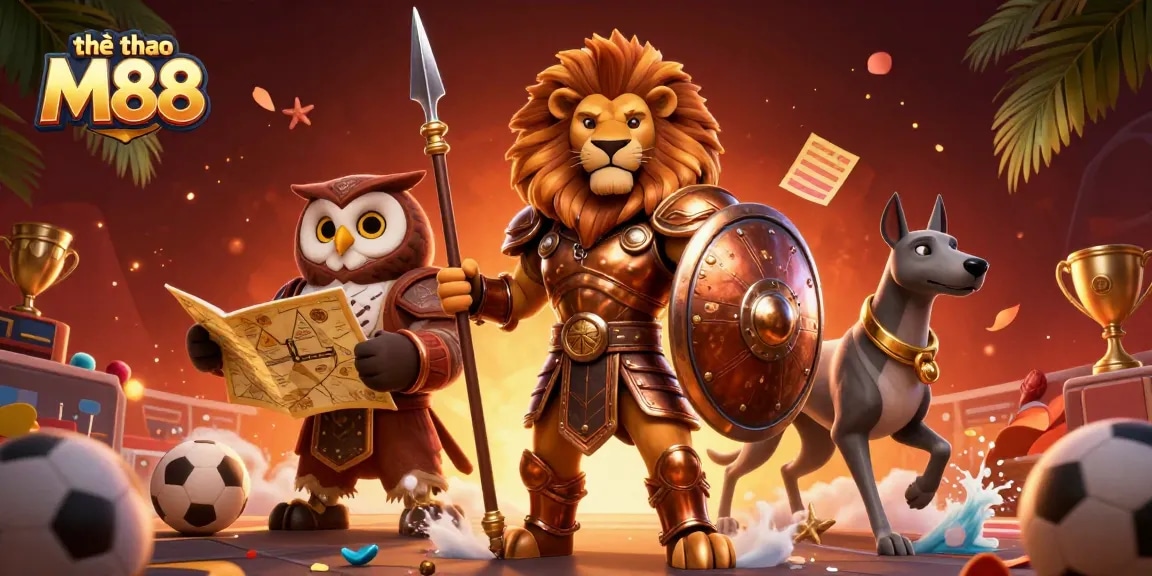 Engage with thể thao M88 by betting on thrilling sporting events illustrated with vibrant characters and dynamic elements.