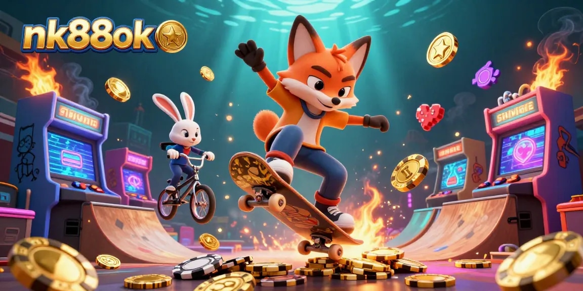 Experience the thrill of nk88ok with a dynamic skateboarding fox and BMX rabbit amidst vibrant casino elements.