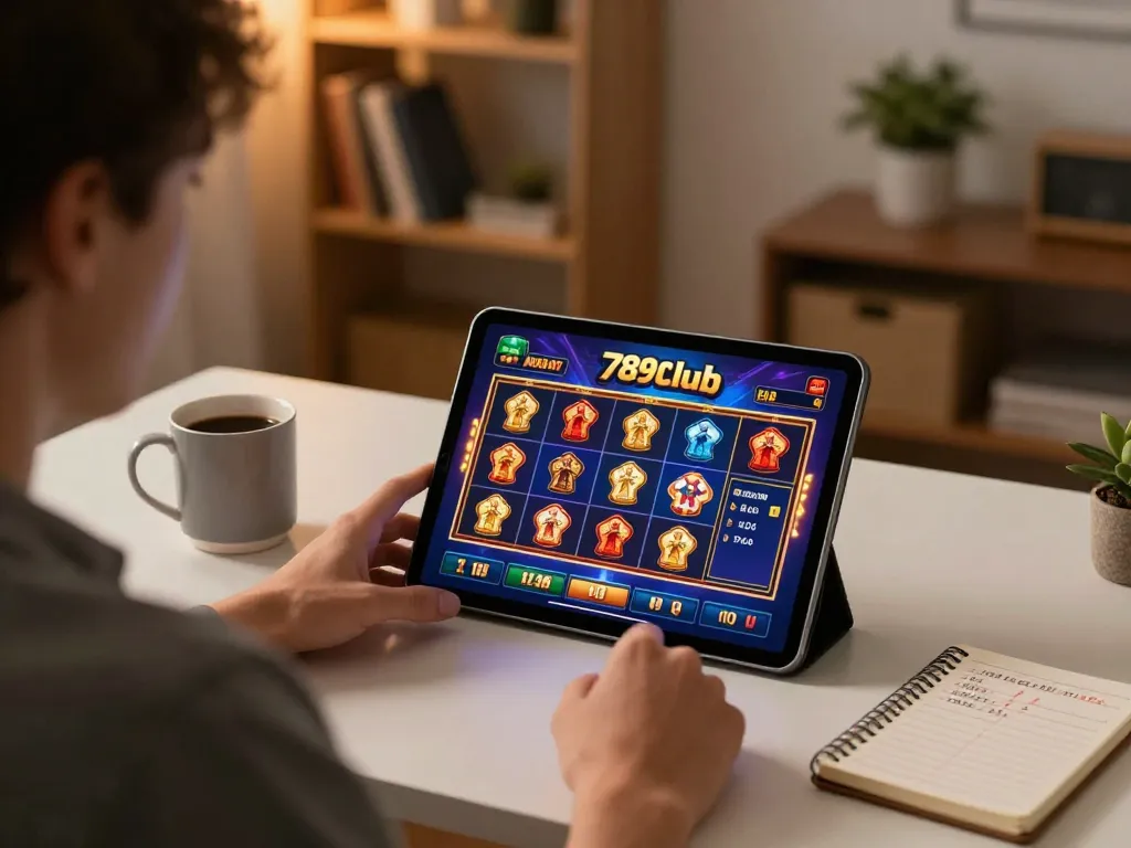 Player enjoys 789club gaming app on tablet in cozy home setting, illustrating responsible gambling.