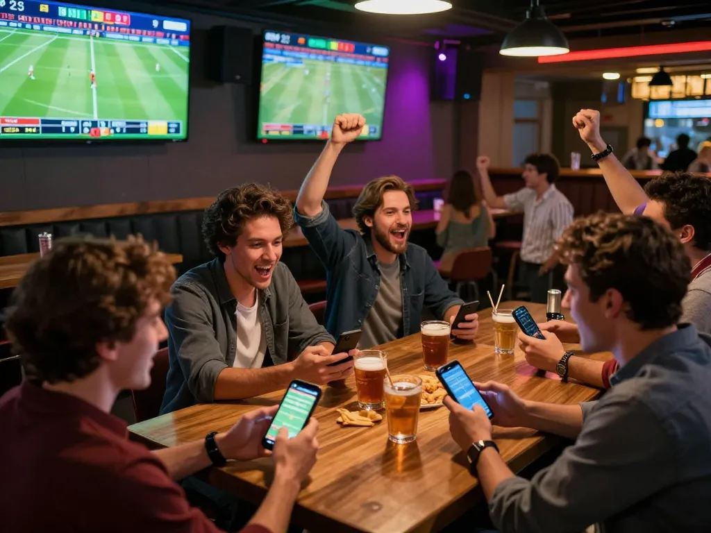Exciting sports betting scene showcasing friends cheering and placing bets, enhancing their ty-le-keo experience.