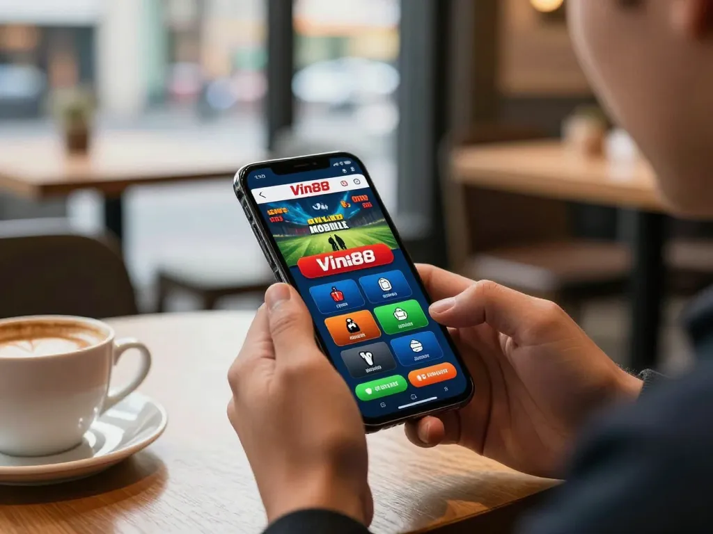 Tải app Vin88 on a smartphone screen while enjoying dynamic mobile sports betting in a vibrant cafe setting.