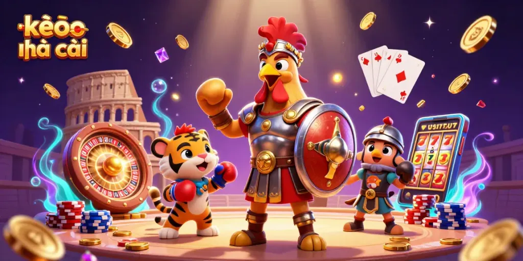 Engage with kèo nhà cái as a 3D rooster gladiator amidst casino elements of fortune.