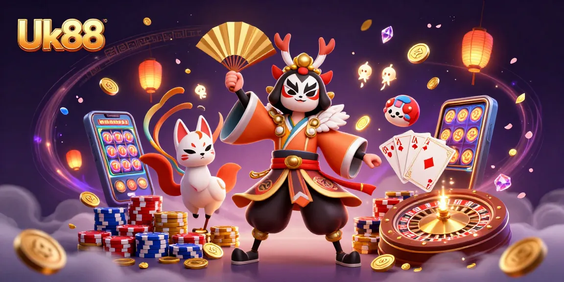 Experience winning thrills with Uk88 in this vibrant 3D casino illustration.