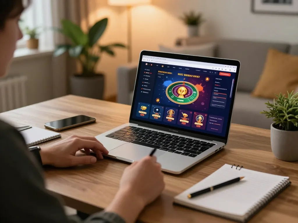 Engaging in online casino gaming experience link vào nk88 on a sleek laptop with strategic notes