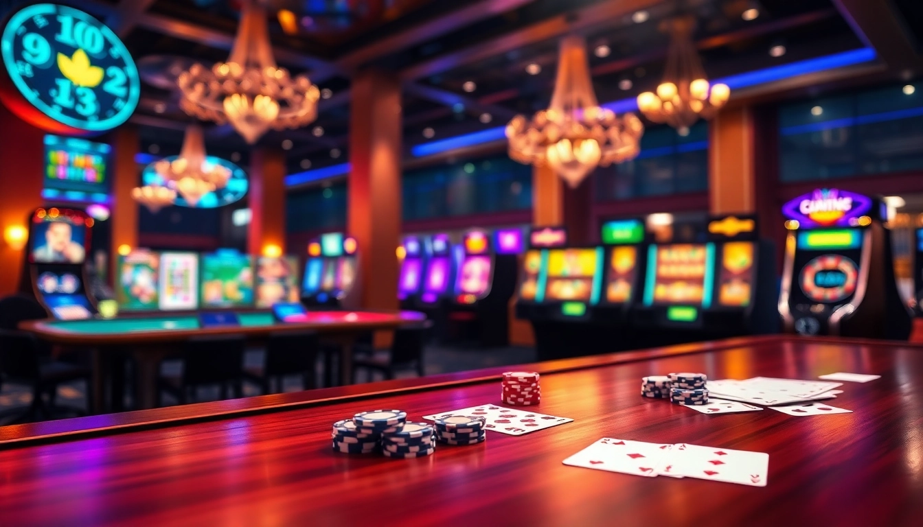 Experience thrilling gaming at the Cổng game Go8, featuring poker tables and vibrant slot machines.