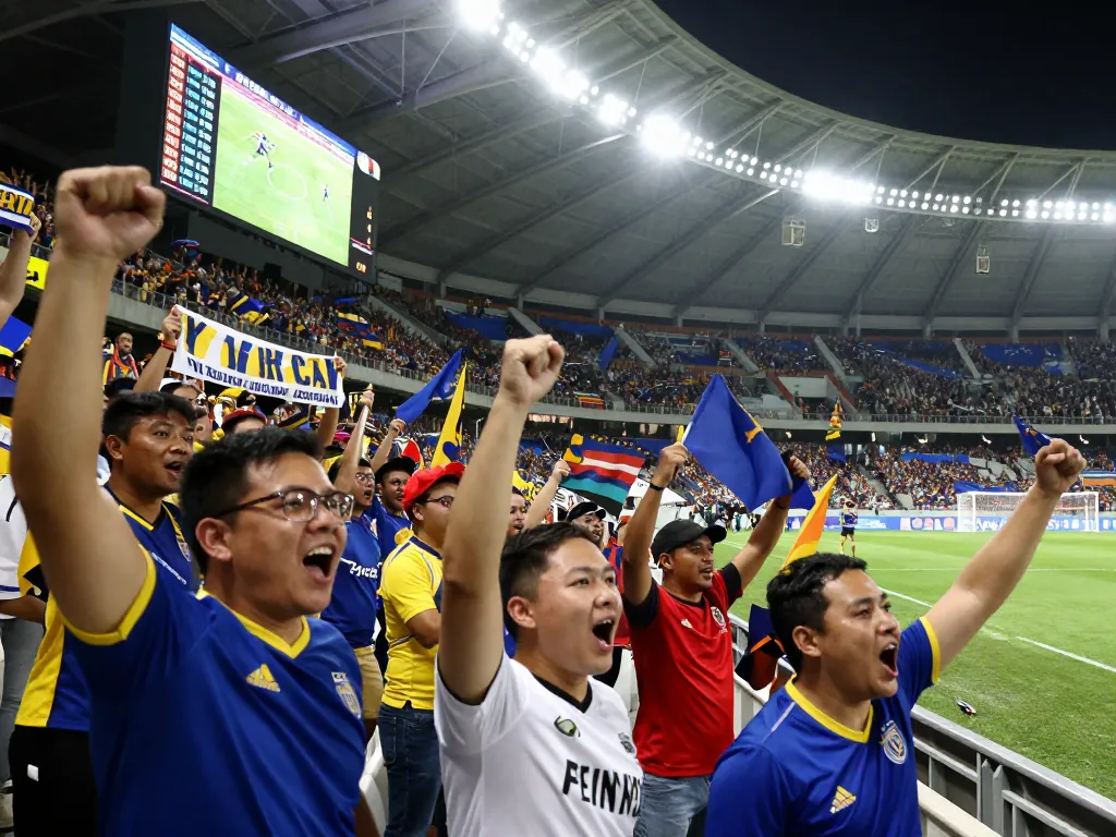 7m football fans celebrating with vibrant banners and scores in stadium atmosphere.
