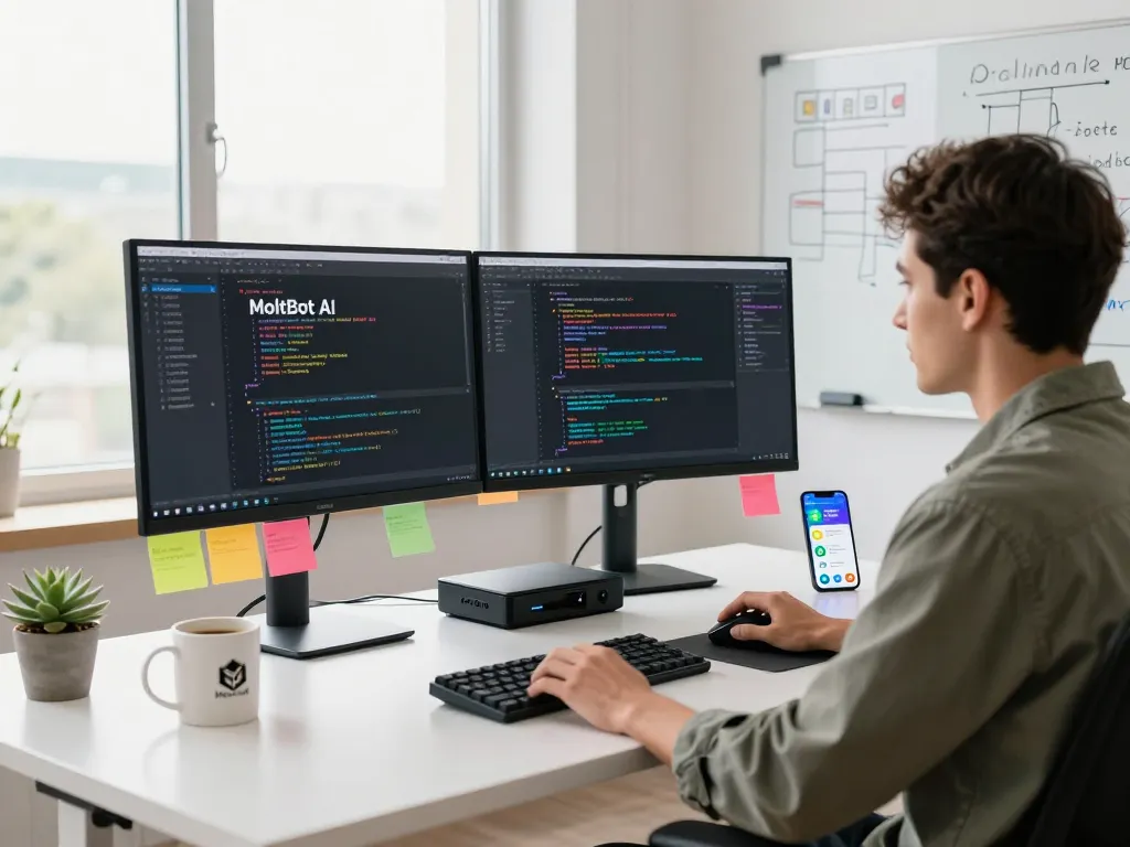 Dynamic developer workspace showcasing the features of Moltbot AI in a tech-driven environment, highlighting coding and automation.