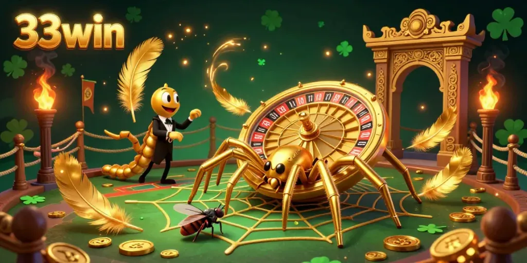 Experience thrilling bets with 33win in an exciting 3D casino illustration featuring a golden spider and betting elements.