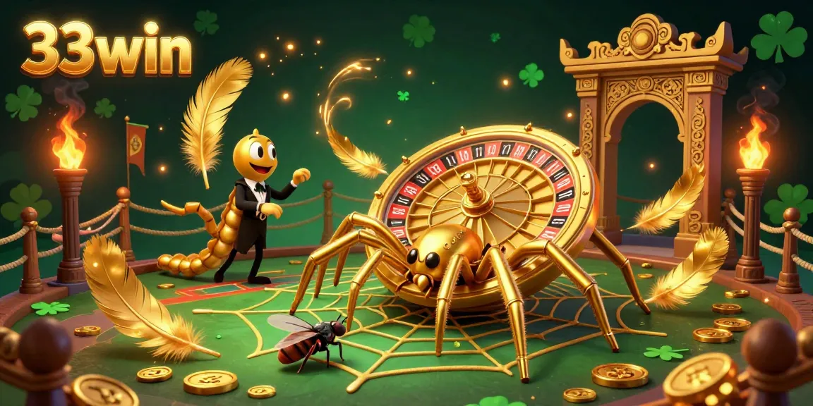 Experience thrilling bets with 33win in an exciting 3D casino illustration featuring a golden spider and betting elements.