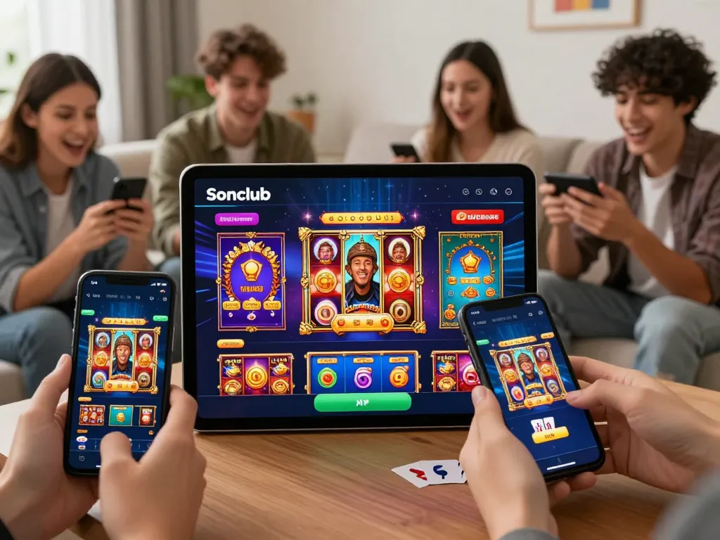 Players excitedly tải sonclub on mobile devices in a lively home gaming environment, showcasing the fun of online betting.