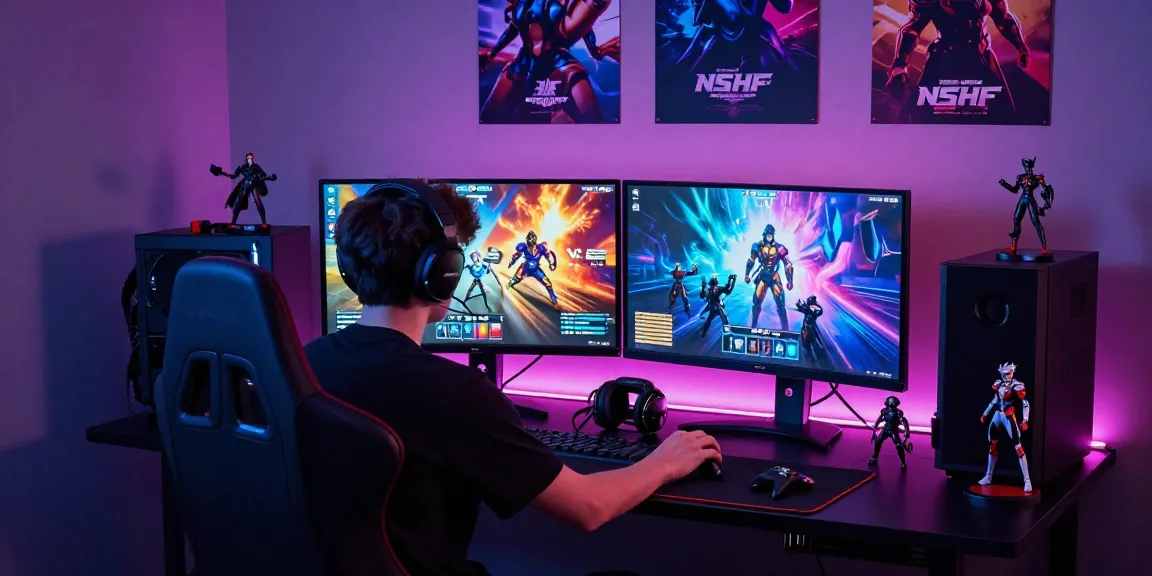 Immersive NSFW games gaming setup with vibrant displays and collectibles.
