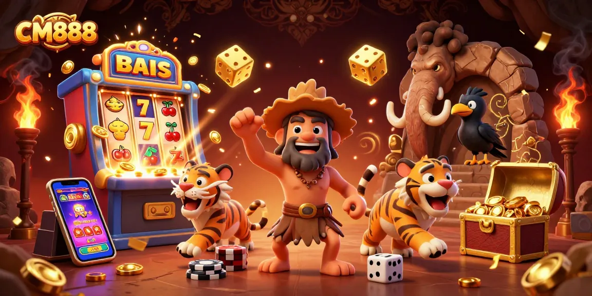 Win big at CM888 with a vibrant 3D casino scene showcasing caveman and sabertooth tiger.