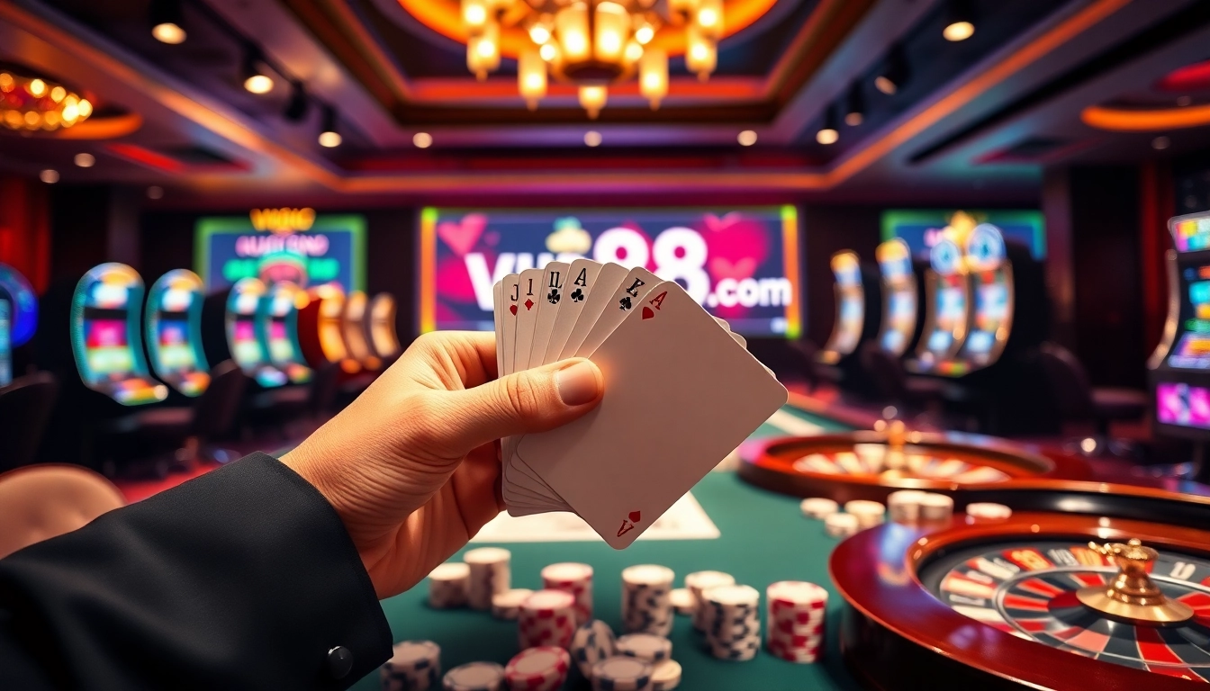 Experience the excitement of online gambling at vu88.com with vibrant casino tables and poker chips.