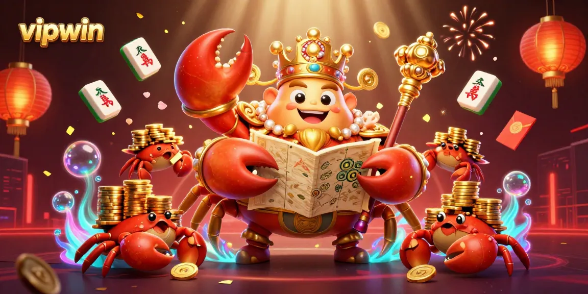 Engage with vipwin's vibrant casino world, featuring a golden crab emperor, treasure map, and lively gaming symbols.