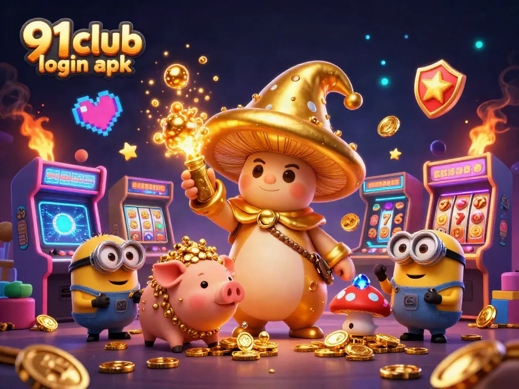 Play 91 club login apk amidst a vibrant casino world featuring magical game elements and joyful characters.