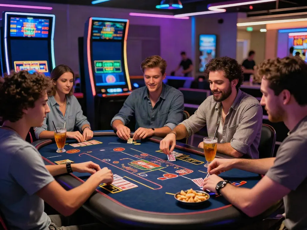 Exciting casino gaming scene at trang chủ da88 with friends engaged in play, vibrant atmosphere, modern interior.