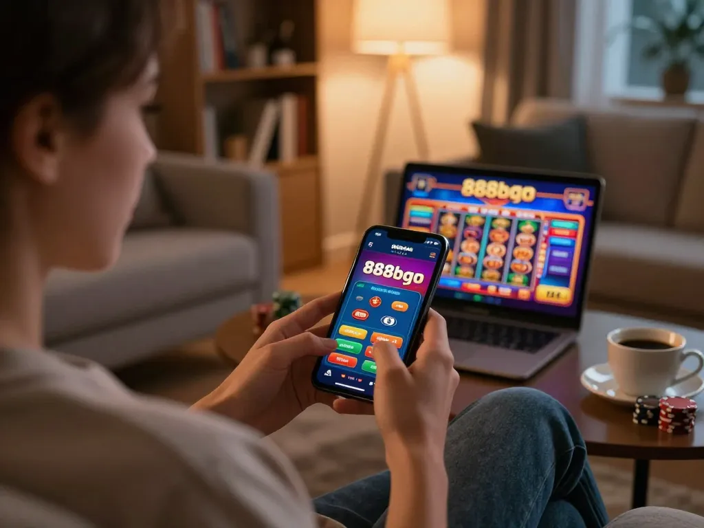 Engaging with the 888bgo mobile casino app on a cozy couch, showcasing a strategic gaming atmosphere.