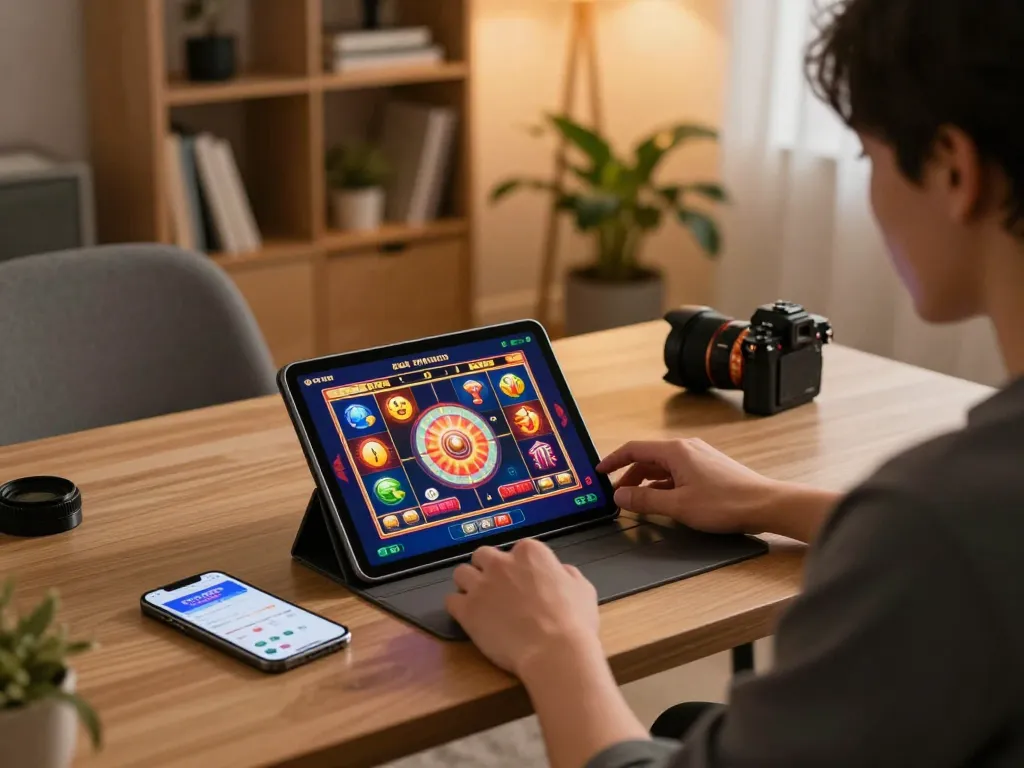 Player enjoying a vibrant pucuk138 online slot game on a tablet, showcasing a colorful gaming setup.