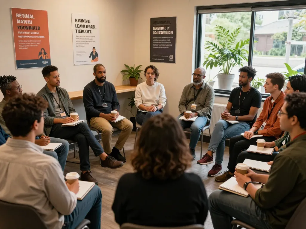 Men gathering at ManClub for supportive discussions on mental health.