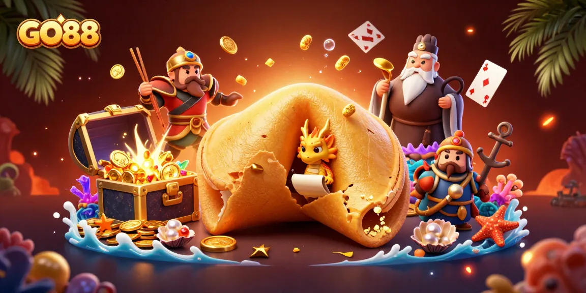 Engage with GO88 by uncovering fortune messages hidden in golden cookie, surrounded by exciting casino elements.