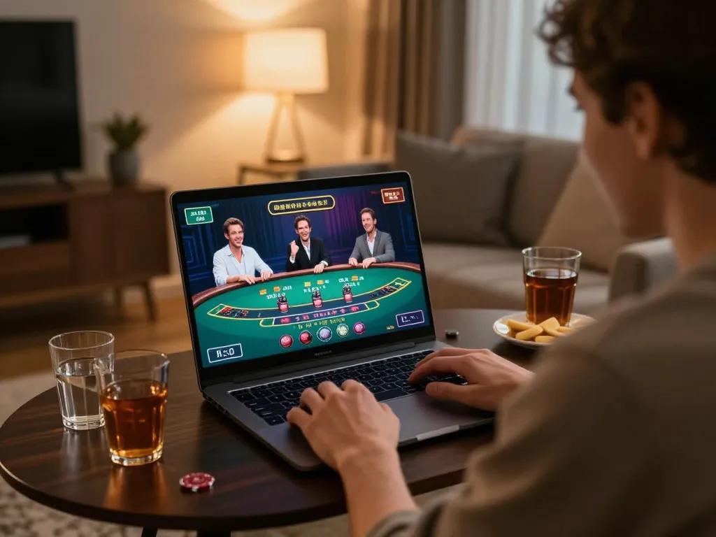 Engaging in live dealer baccarat with debet on a laptop in cozy home setup