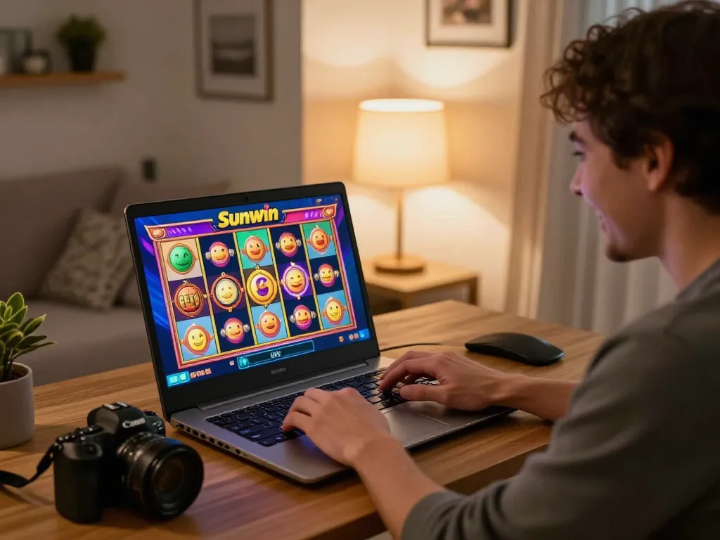Sunwin online gaming session showcasing player celebrating slot wins in a cozy home office