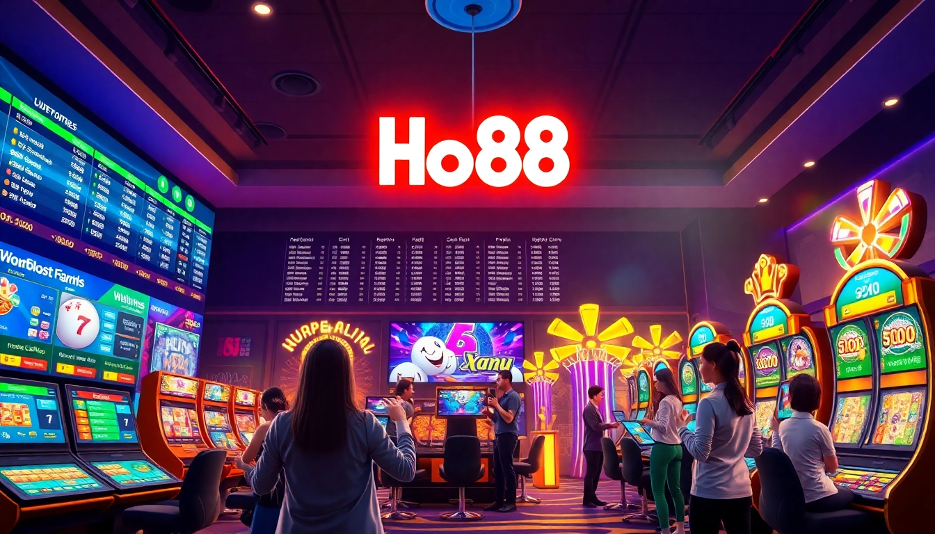 Ho88 vibrant online gambling scene featuring sports betting, live casino games, and engaging user interface.