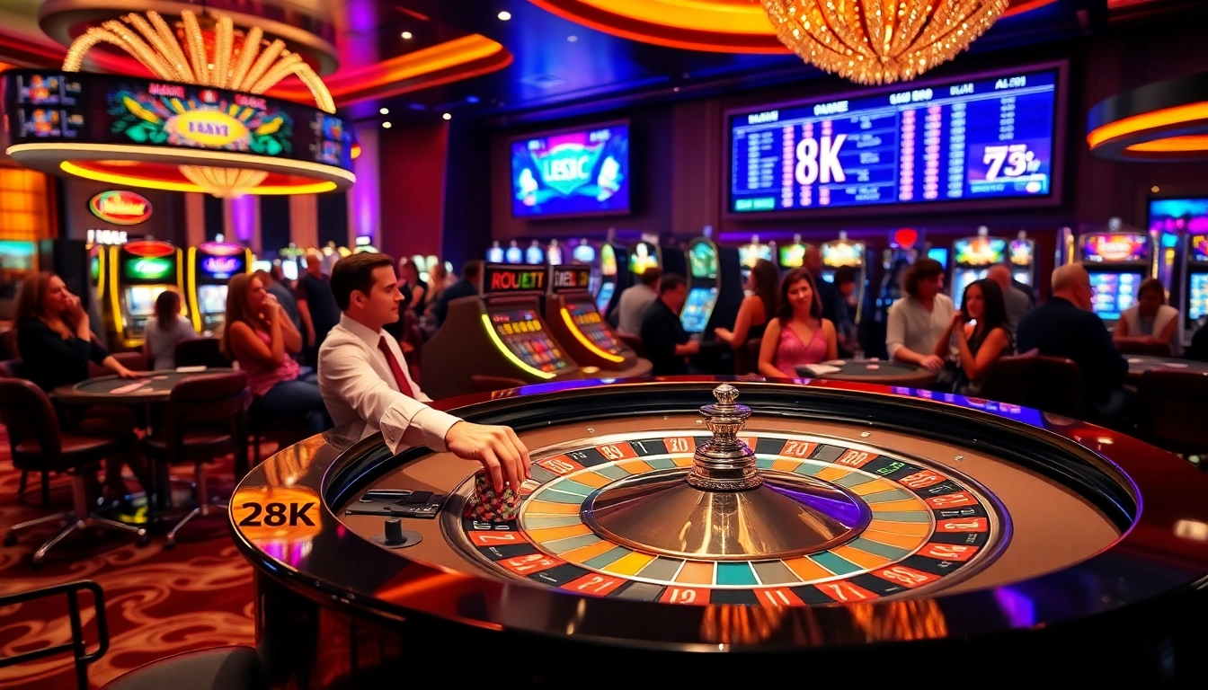 Excited players engaging in an 8k bet at a luxury casino, highlighted by vibrant gaming elements.