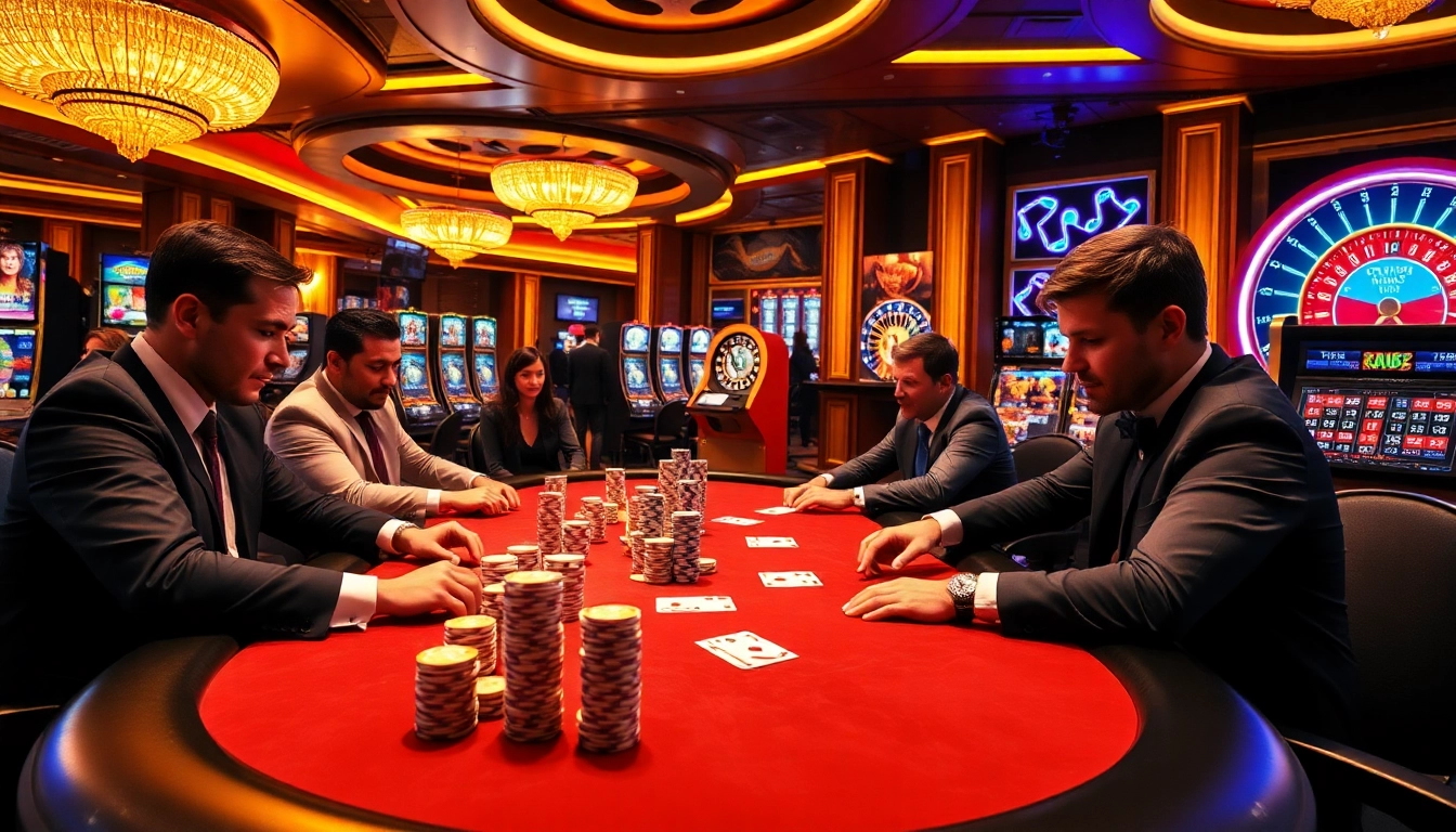 Players engage in a thrilling poker game at mu88, showcasing luxury and excitement in online gambling.