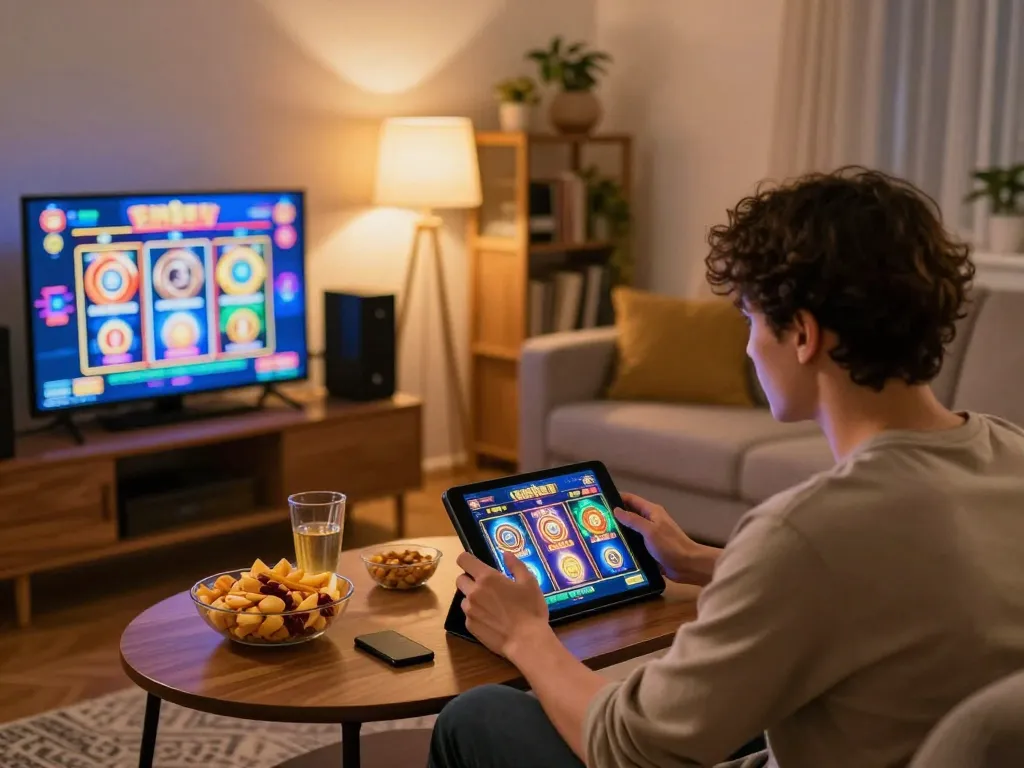 Engaged player enjoying online slots at home, highlighting 88clbgo as a top choice for casino gaming.