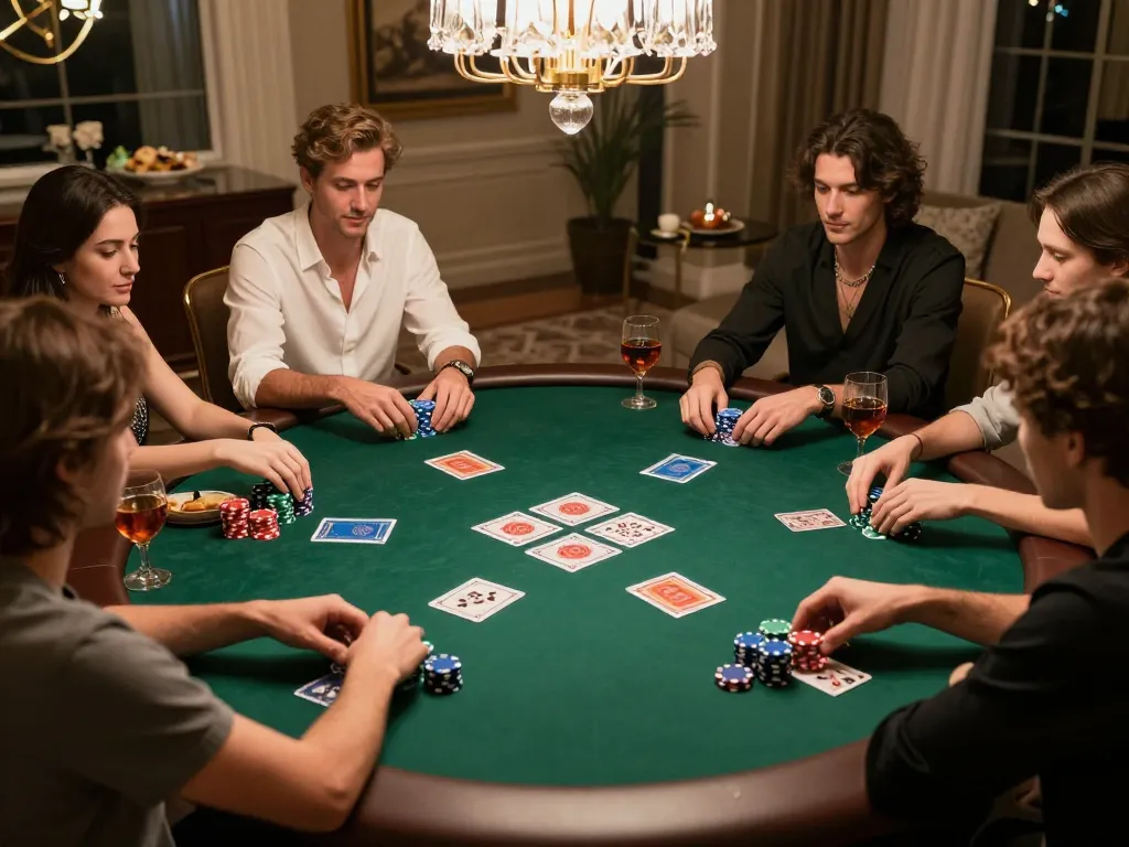 S666no1 engaging in vibrant poker gameplay during a luxurious home game night setup.