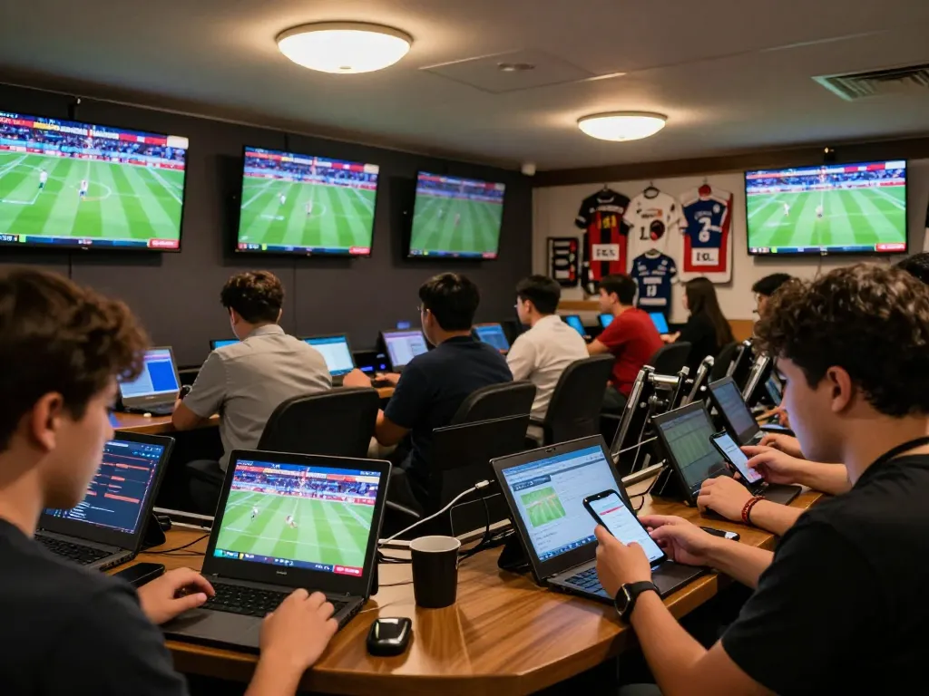 Bongdallu betting scene with active engagement on devices, showcasing live sports action and betting excitement.