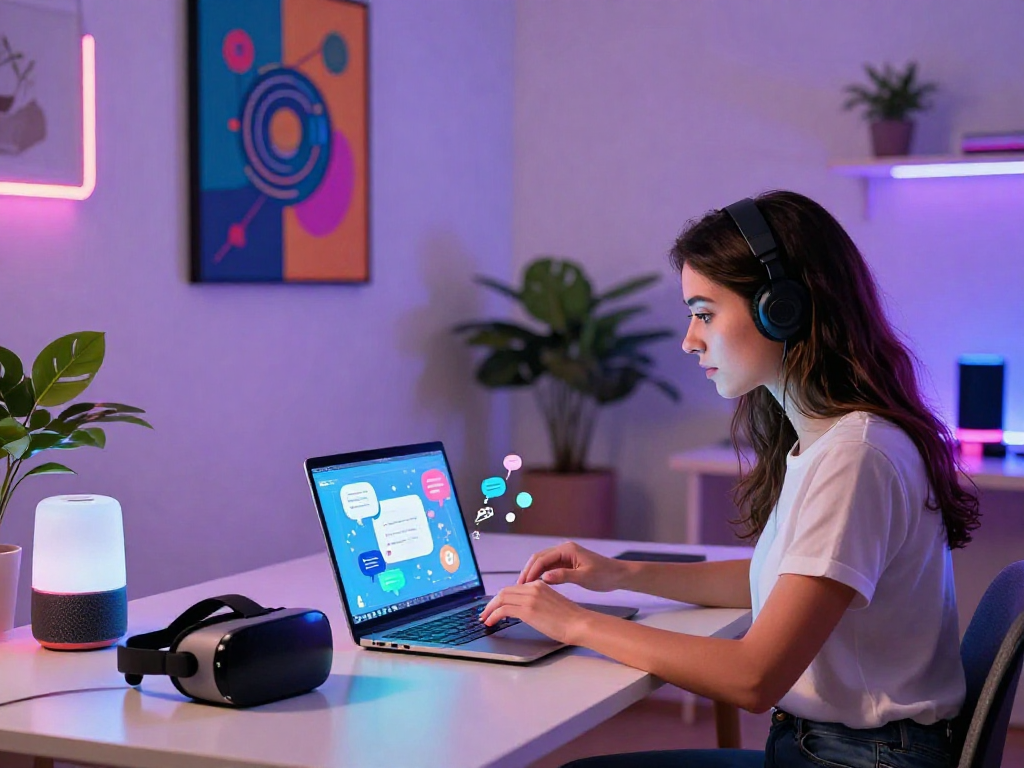A young woman engaging in AI chat porn on a sleek laptop in a vibrant creative workspace.