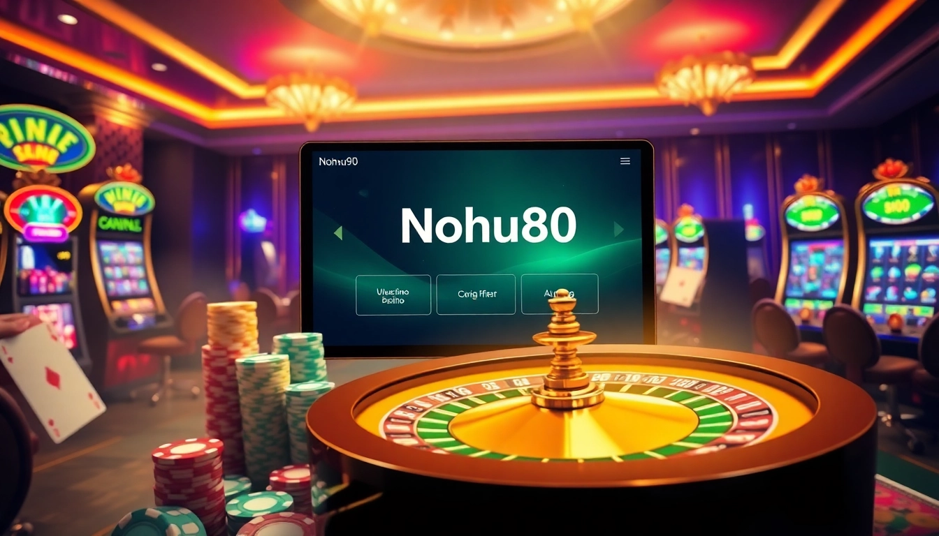 Nohu90 đăng nhập screen showcasing a vibrant online casino atmosphere with roulette wheel and poker chips.