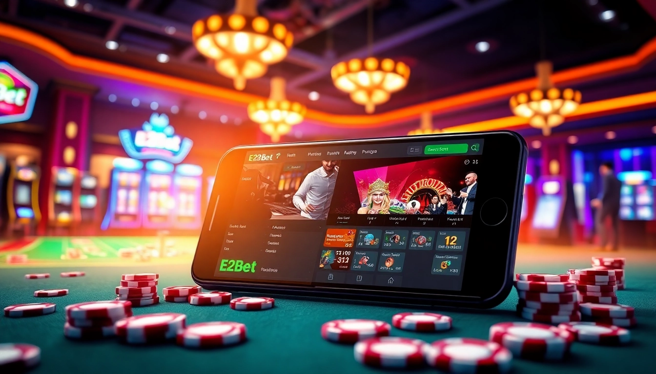 E2Bet provides an engaging mobile gaming experience with colorful slot machines and casino tables.