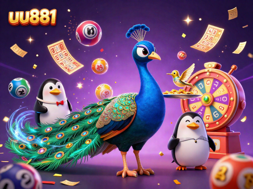 uu881 promotes excitement with a 3D peacock, lottery elements, and festive confetti