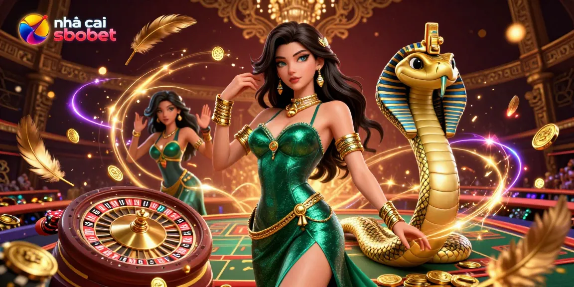Engage in thrilling sports betting with nhà cái sbobet featuring emerald-clad woman and golden cobra in action.