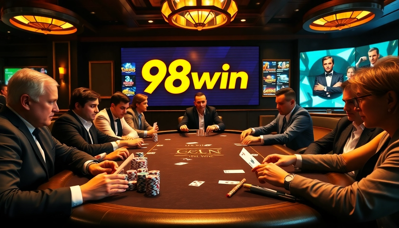 The ambiance of a professional poker game on 98win.com, featuring chips and cards in an exciting casino environment.