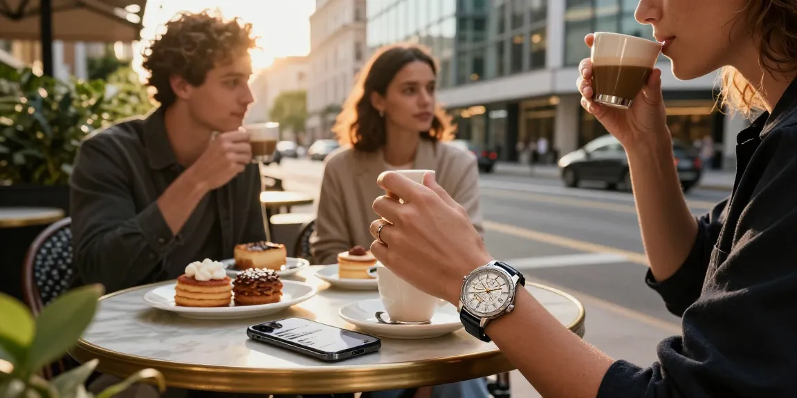Stylish individual enjoying coffee with a premium replica watch on display in a chic urban café.