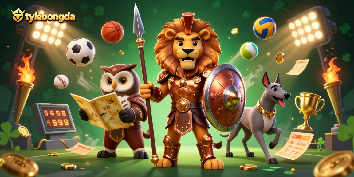 Experience thrilling sports betting action with tylebongda's dynamic scene of a Spartan lion, owl strategist, and greyhound along with vibrant game elements.