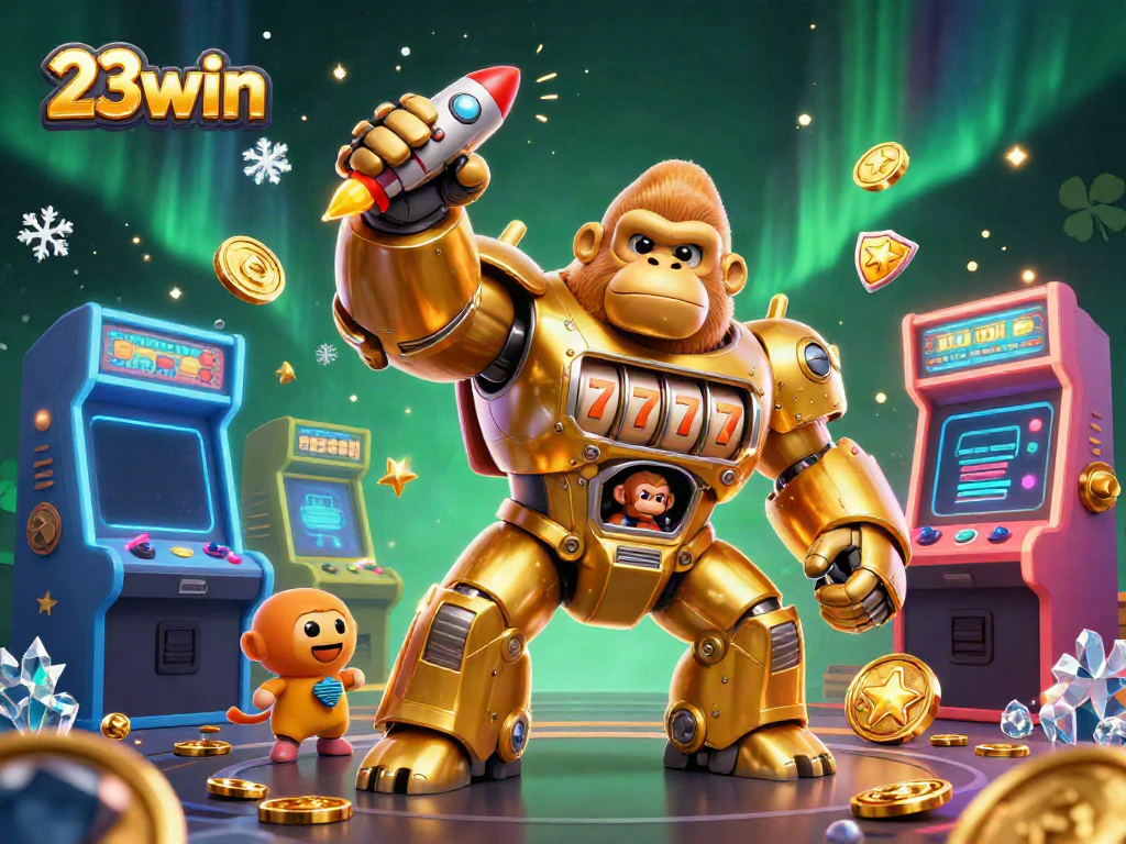 Experience the excitement of 23win with a golden gorilla mech slot machine blasting coins.