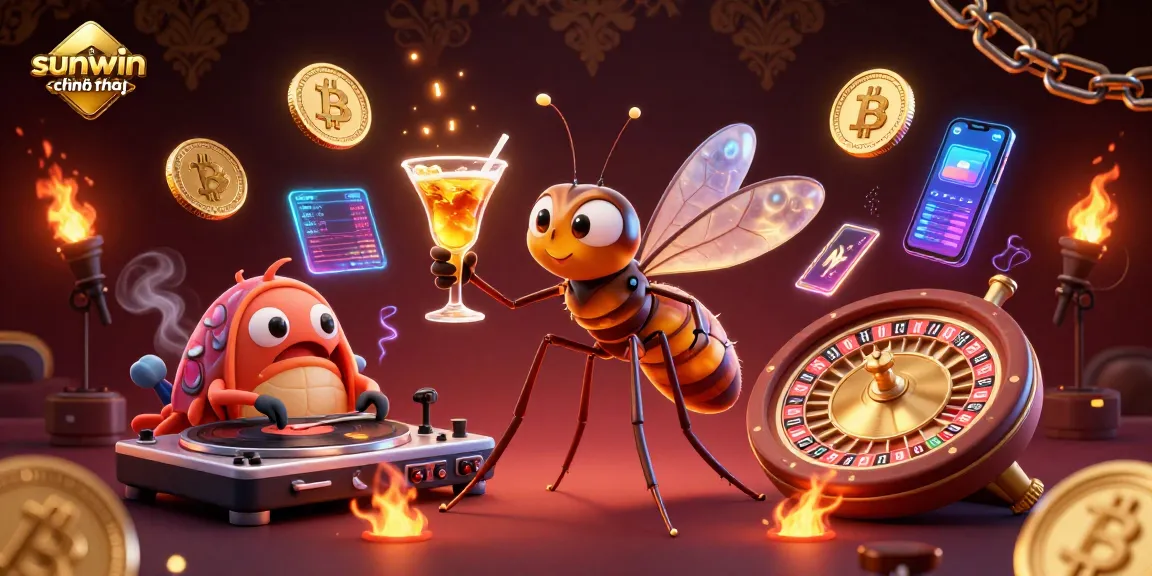 Experience the excitement of sunwin chính thức with a vibrant casino scene featuring a lively mosquito mascot.