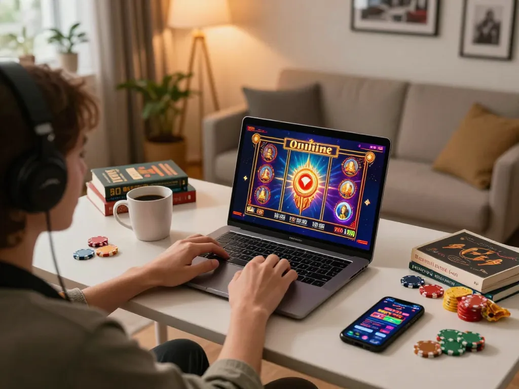 Engaging online gaming experience featuring transporthydraulics player using laptop for slot games at home.