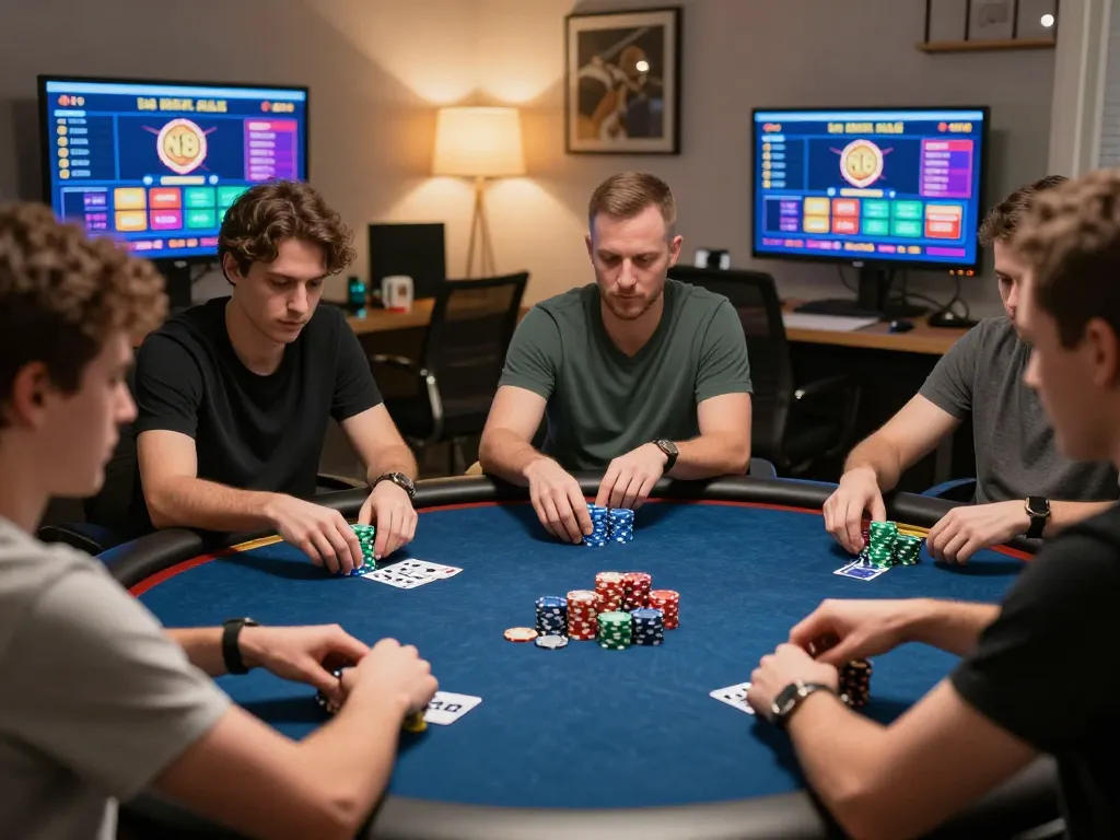 Players strategizing during an online poker game at N188 com, showcasing intense gameplay and interaction.