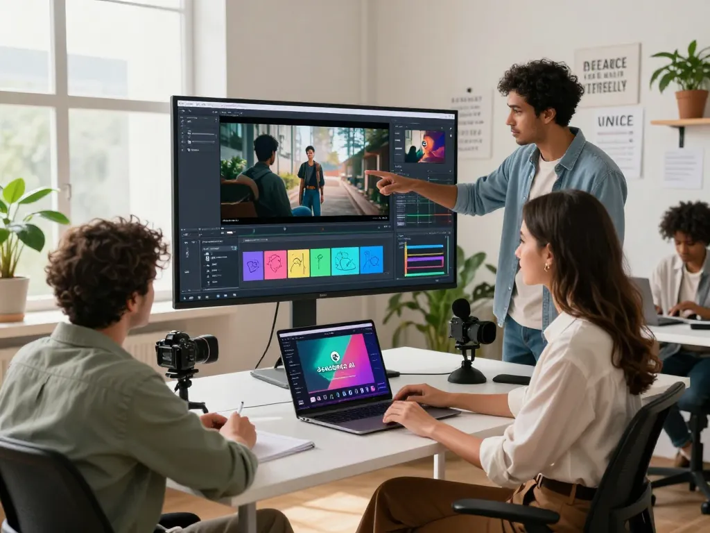 Collaborative content creators enhance their Seedance AI video projects in a dynamic office setting.