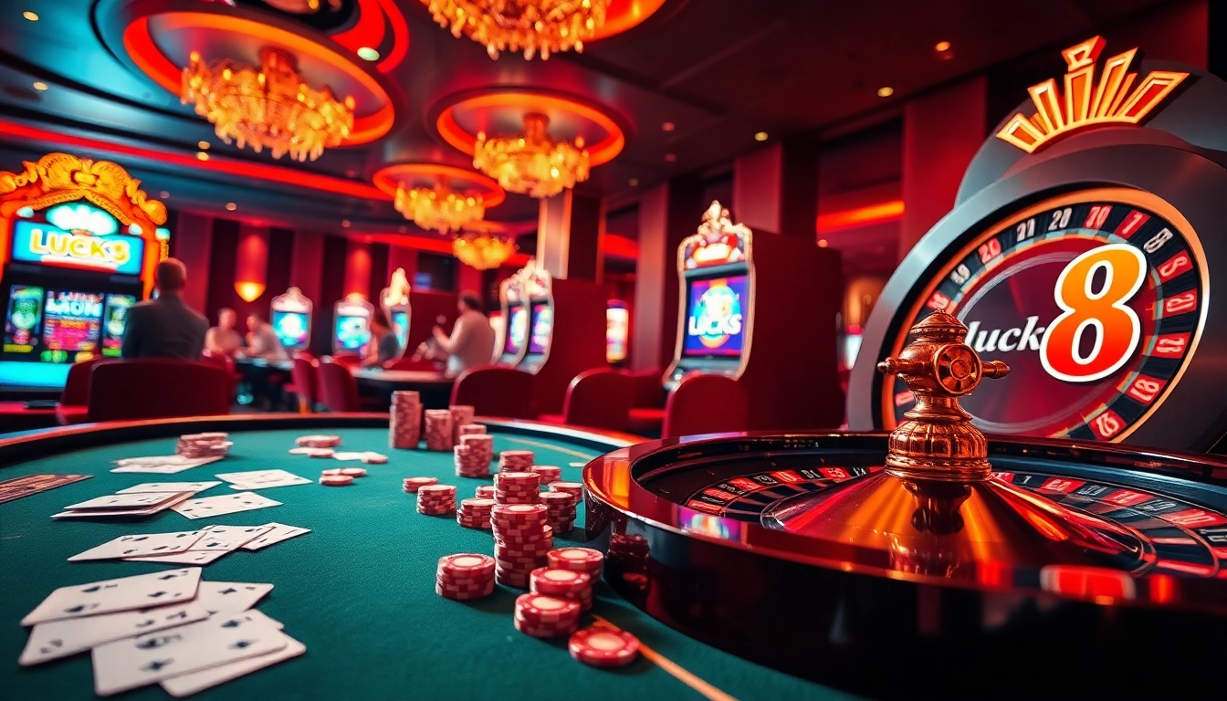 Engage in the excitement of LUCK 8 at a vibrant, luxurious casino with poker chips and roulette wheels.