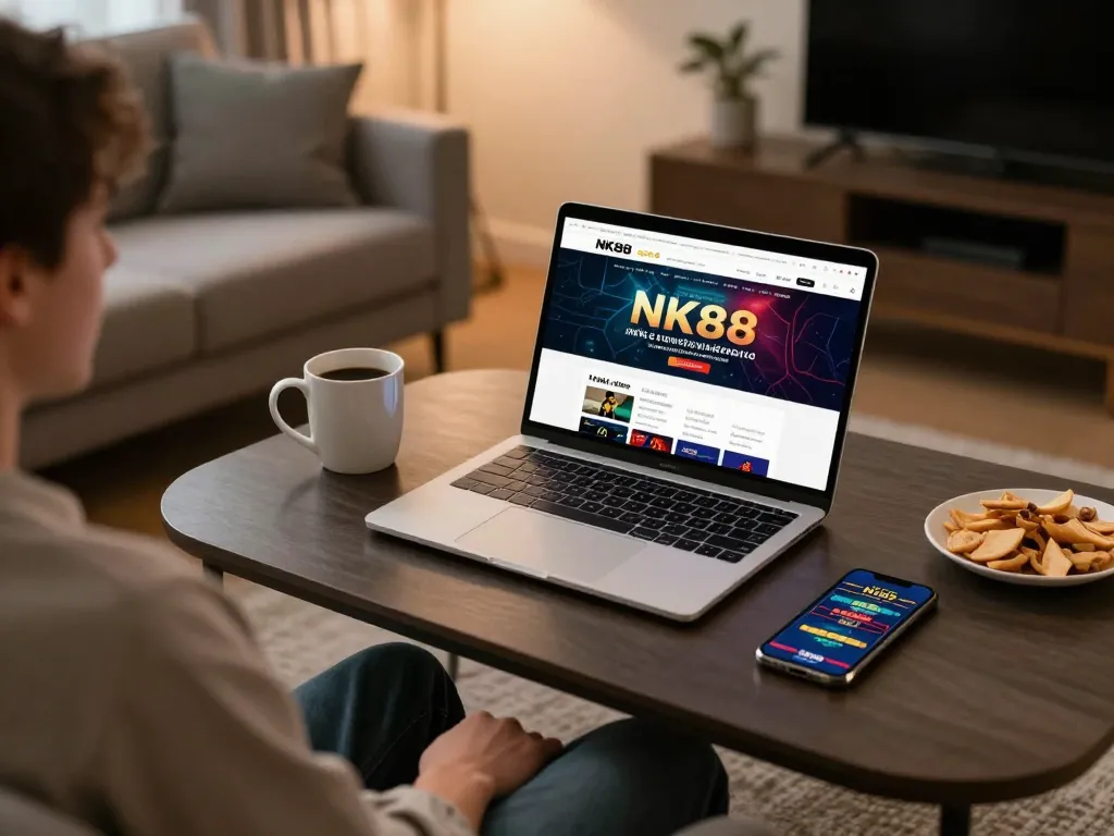 Engaging with nk88 nhà cái online gaming setup in a cozy living room, demonstrating seamless virtual betting experience