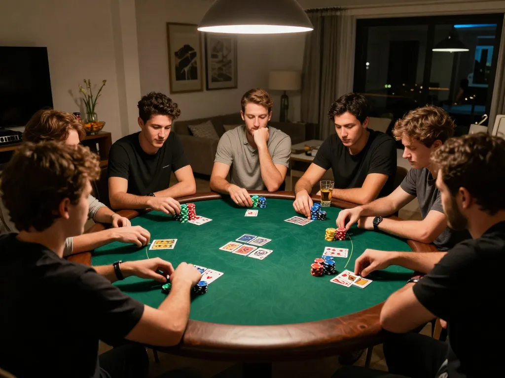 Players enjoying a poker night with friends in cozy home setting featuring nhà cái FB88 atmosphere and engaging gameplay